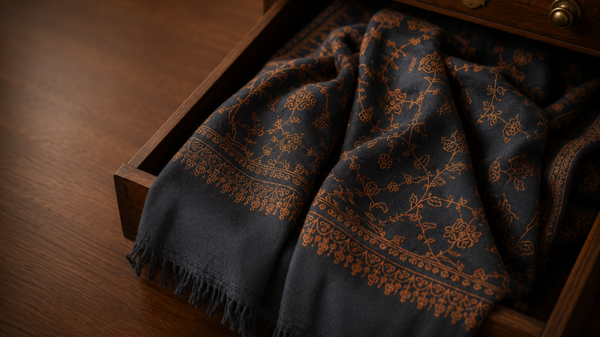 A dark charcoal gray pashmina with intricate orange floral embroidery and fringe, draped inside an open wooden drawer on a wooden table.
