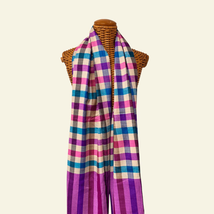 CHIP Kashmiri Pashmina Scarf – Flat Lay Showing Classic Checkered Pattern in Pastel Tones | Indus Weavers