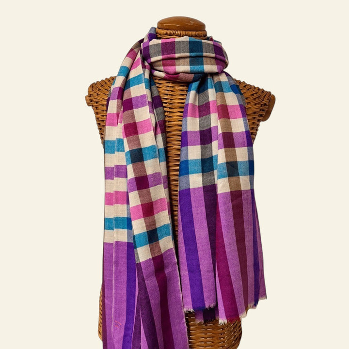 CHIP Checkered Pashmina Scarf – Full View Pink & Blue Handwoven Cashmere Wrap | Indus Weavers