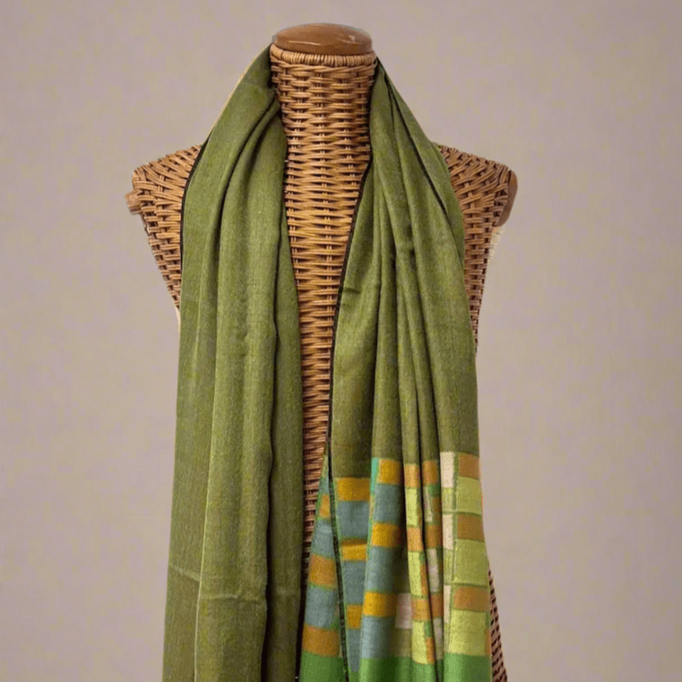 CUBIC – Handwoven Kani border Pashmina Shawl | Green Reversible Cashmere Wrap - Indus Weavers
