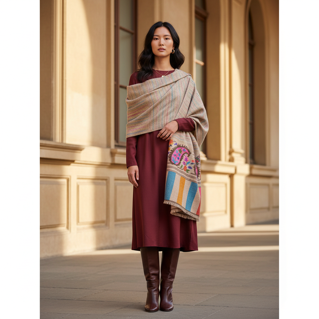 Model wearing an Indus Weavers handwoven undyed Kani Pashmina shawl with multicolour paisley motifs and striped border.