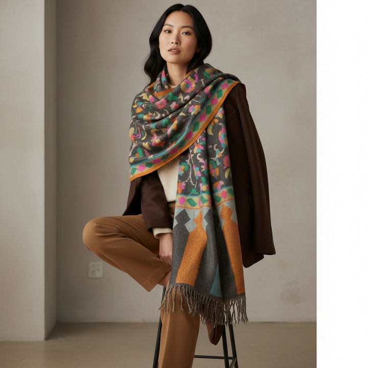 Indus Weavers KARINA handwoven greyish black Kani Pashmina shawl with intricate multicolour motifs draped on a model.