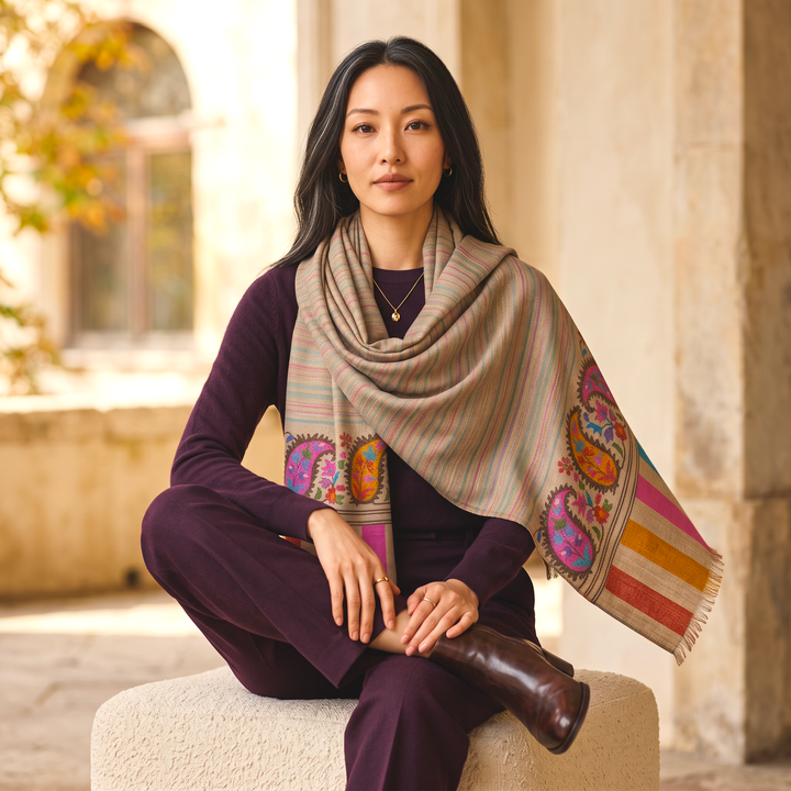 Indus Weavers handwoven undyed Kani Pashmina shawl with multicolour paisley motifs draped over a woman in purple