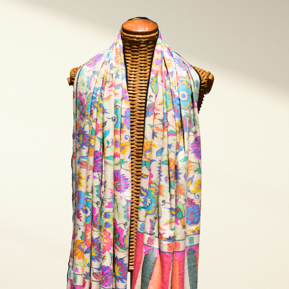 ERIS – Luxury Kani Pashmina Shawl | Handwoven Ivory Cashmere Wrap - Indus Weavers