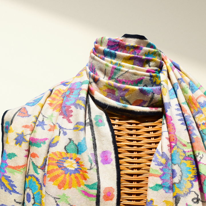 ERIS – Luxury Kani Pashmina Shawl | Handwoven Ivory Cashmere Wrap - Indus Weavers