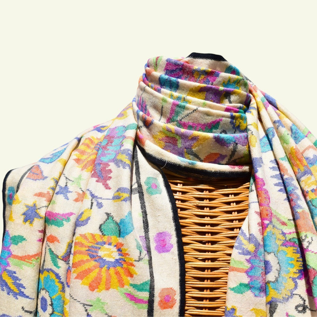 ERIS Heirloom Kani Cashmere Wrap – Flat Lay Showing Full Ivory Pashmina Shawl with Multicolour Kani Pattern | Indus Weavers