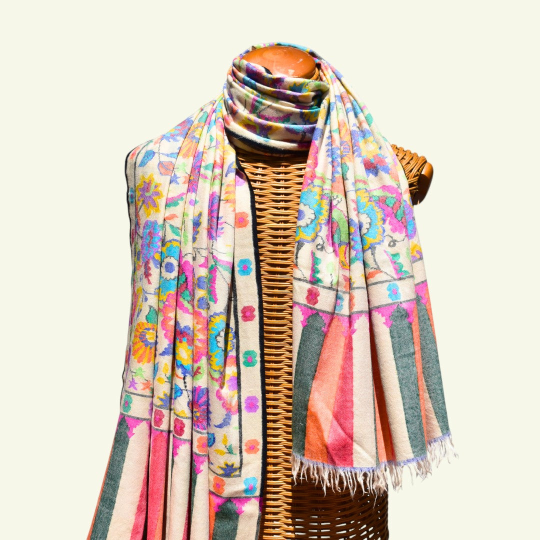 ERIS Kashmiri Kani Pashmina Shawl – Full View Handwoven Ivory Cashmere Wrap with Multicolour Almond Floral Motifs | Indus Weavers