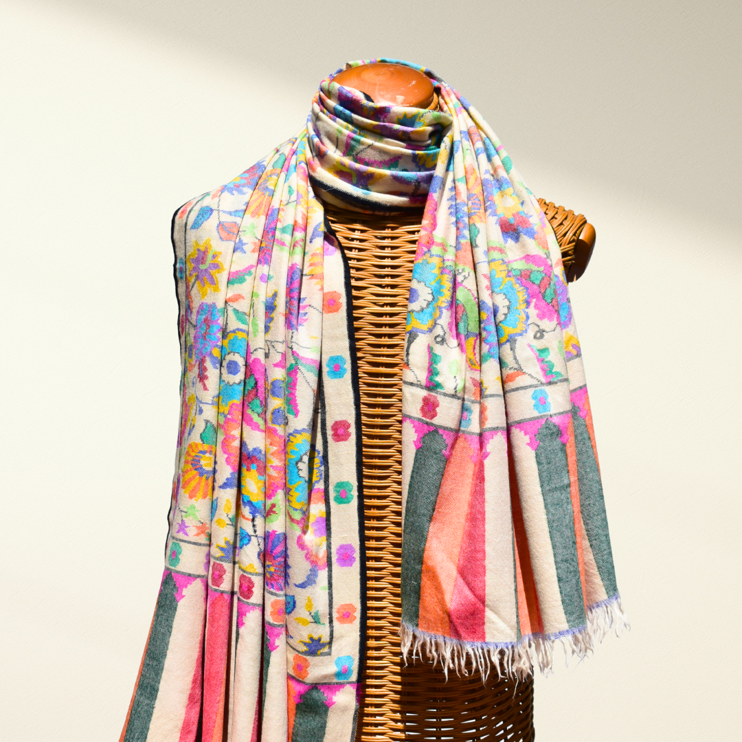 ERIS – Luxury Kani Pashmina Shawl | Handwoven Ivory Cashmere Wrap - Indus Weavers