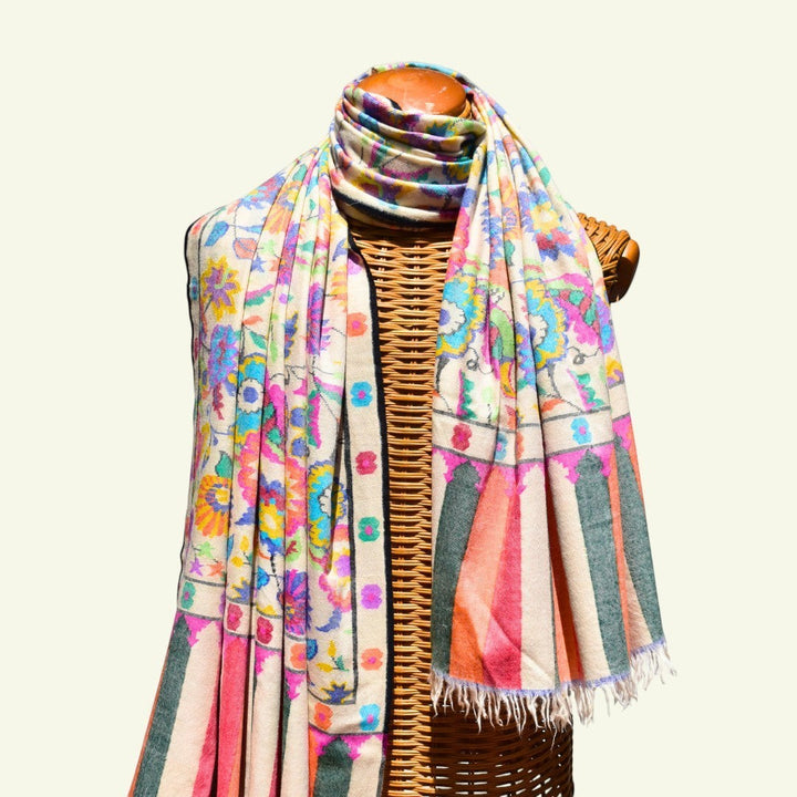 ERIS Kashmiri Kani Pashmina Shawl – Full View Handwoven Ivory Cashmere Wrap with Multicolour Almond Floral Motifs | Indus Weavers