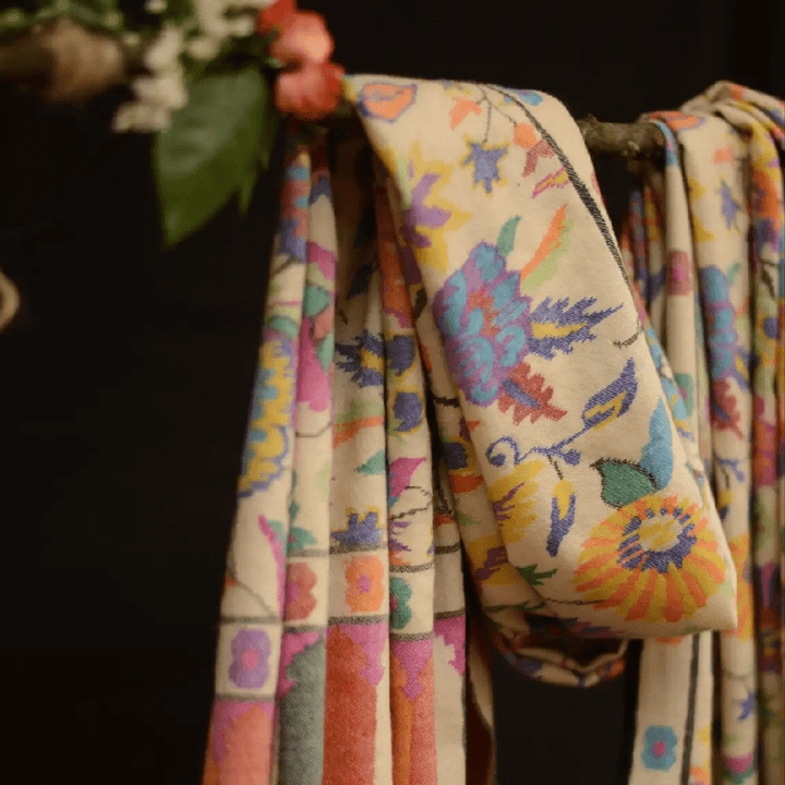 ERIS – Luxury Kani Pashmina Shawl | Handwoven Ivory Cashmere Wrap - Indus Weavers