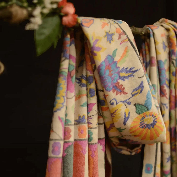 ERIS Pure Pashmina Kani Shawl – Side View of 199g Lightweight Ivory Cashmere Wrap Handwoven over 24-26 Months | Indus Weavers