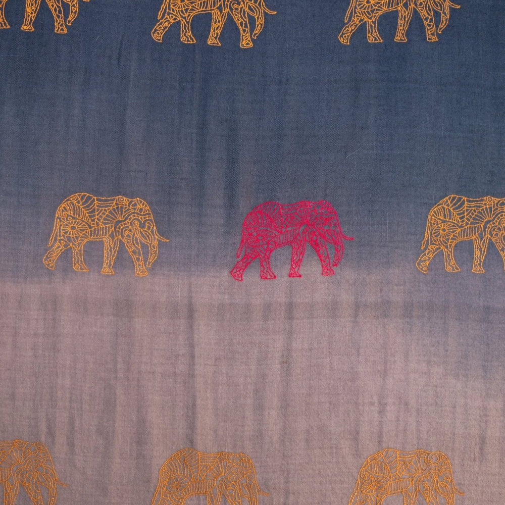 ELEFANT Luxury Cashmere Scarf – Close-Up of Hand-Embroidered Elephant Motifs on Flowing Grey Ombré Pashmina | Indus Weavers