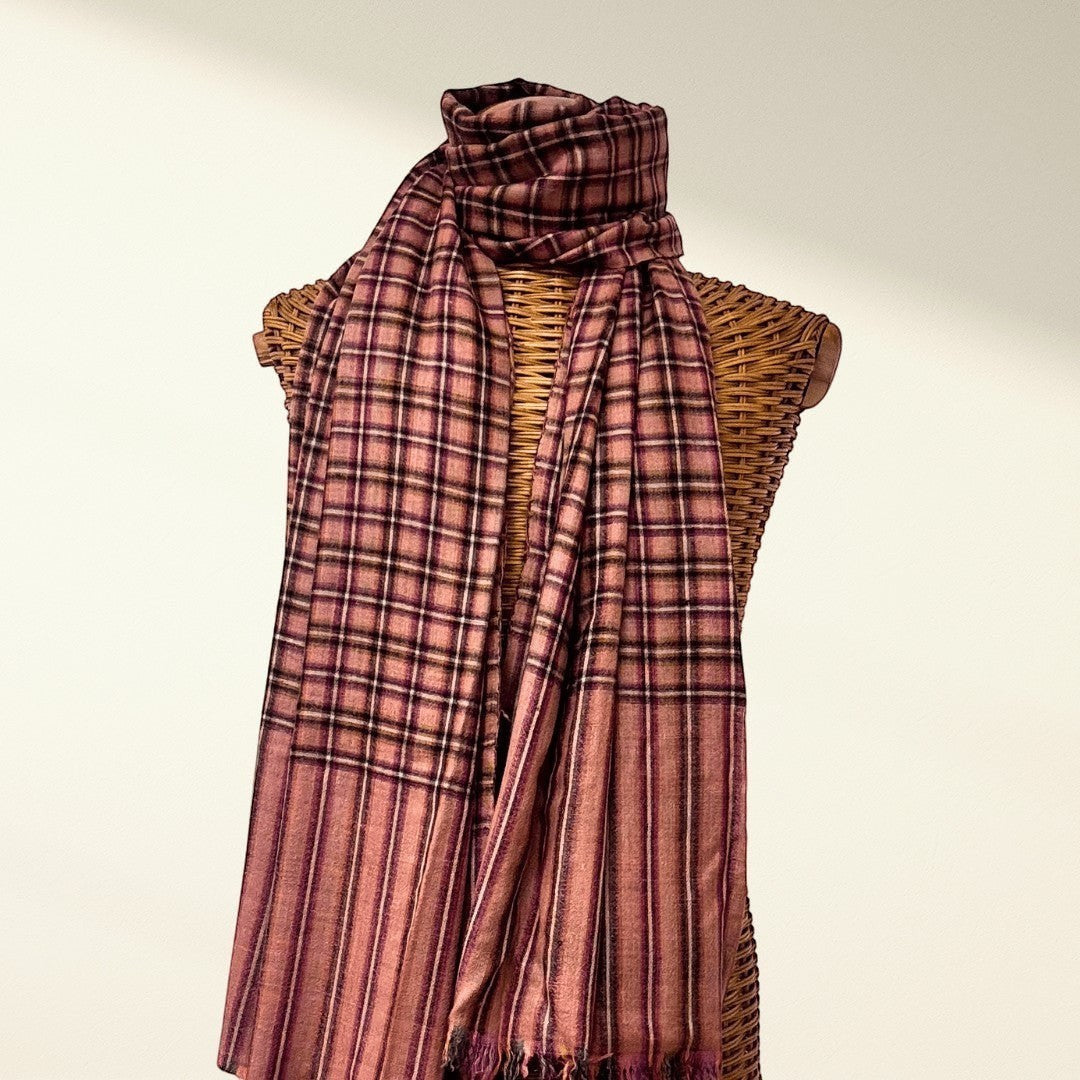 FIONA Luxury Pashmina Shawl – Draped Lifestyle View of Reversible Purple & Green Cashmere Wrap | Indus Weavers