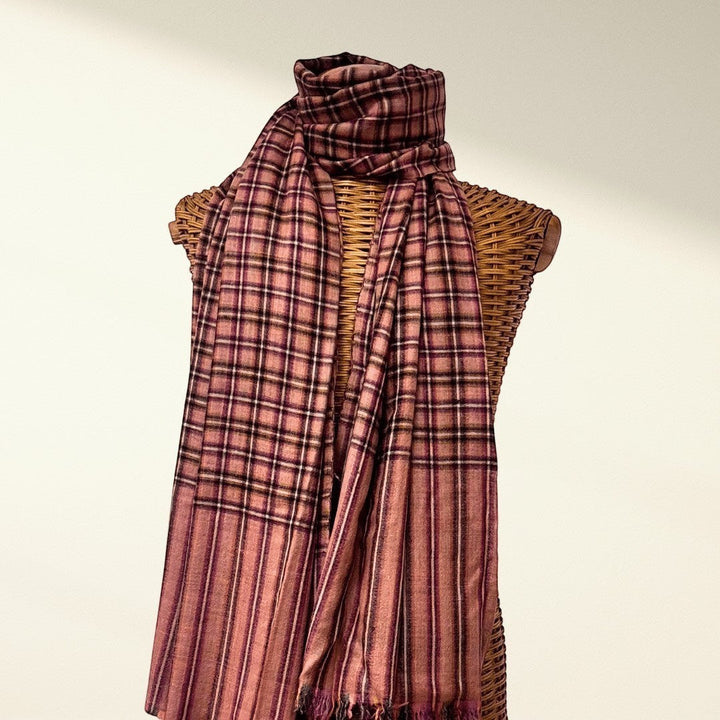 FIONA Luxury Pashmina Shawl – Draped Lifestyle View of Reversible Purple & Green Cashmere Wrap | Indus Weavers