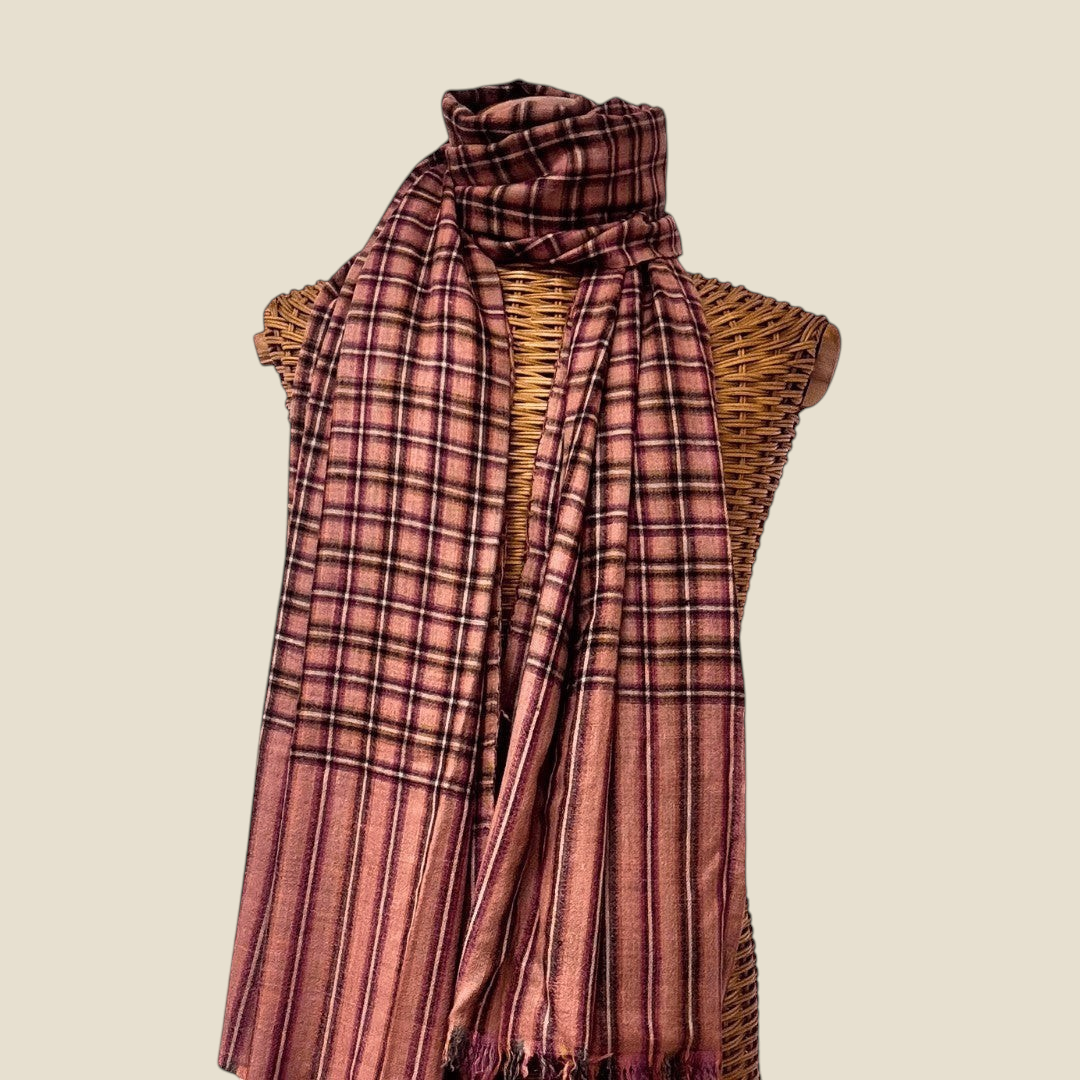 FIONA Luxury Pashmina Shawl – Draped Lifestyle View of Reversible Purple & Green Cashmere Wrap | Indus Weavers