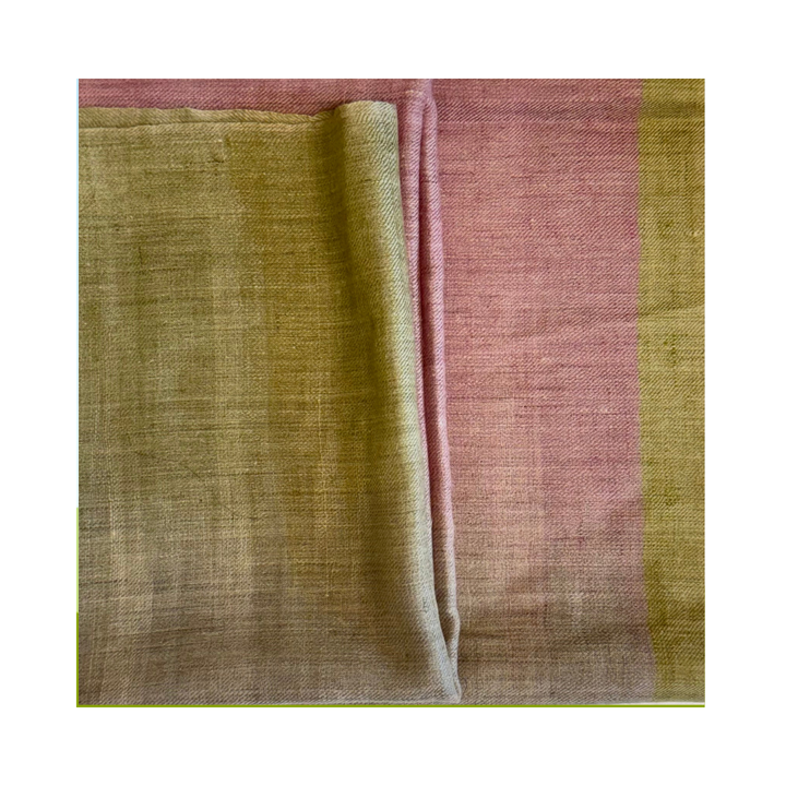 A square folded Pashmina sample with a vertical olive-green stripe along the left edge and a smooth color gradient from olive green at the top to dusty rose pink at the bottom, shown on a plain white background.