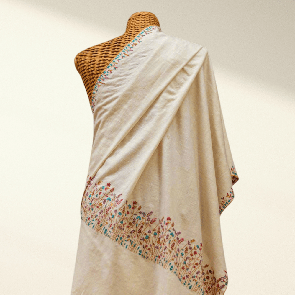 FLORAL – Handwoven Ivory Pashmina Shawl | Blue Embroidered Luxury Cashmere Wrap - Indus Weavers