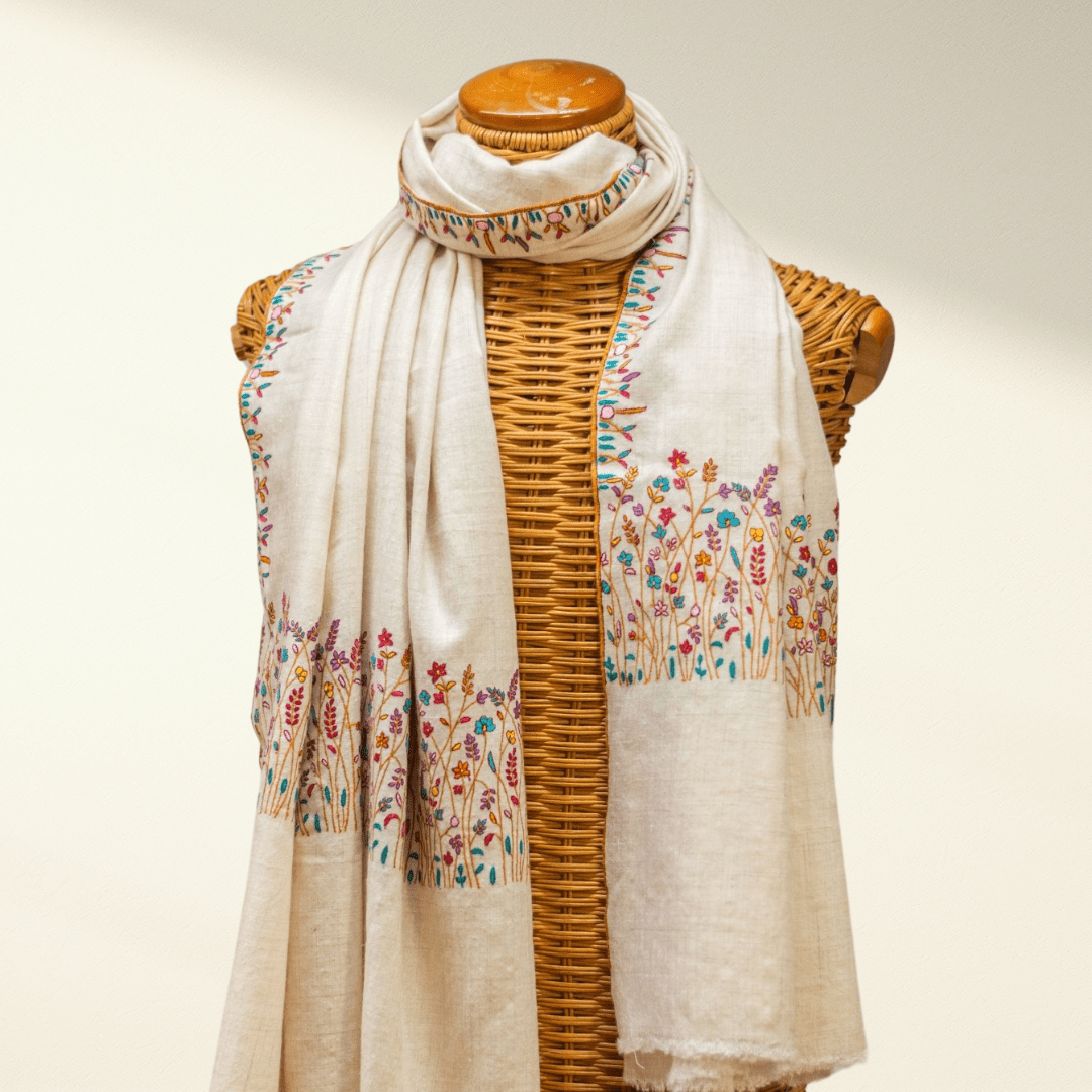 FLORAL – Handwoven Ivory Pashmina Shawl | Blue Embroidered Luxury Cashmere Wrap - Indus Weavers