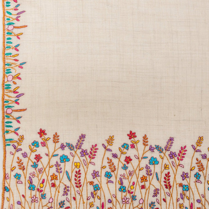 FLORAL – Handwoven Ivory Pashmina Shawl | Blue Embroidered Luxury Cashmere Wrap - Indus Weavers
