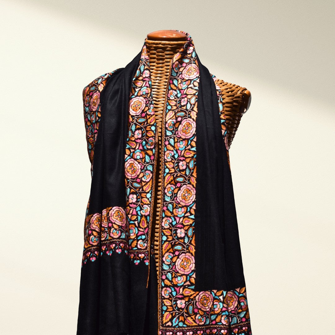 KAYA Kashmiri Black Pashmina Shawl – Full View with Bright Floral Papier Mâché & Sozni Embroidery on All Four Borders | Indus Weavers