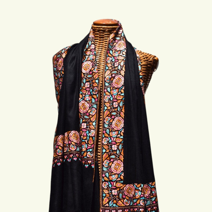 KAYA Kashmiri Black Pashmina Shawl – Full View with Bright Floral Papier Mâché & Sozni Embroidery on All Four Borders | Indus Weavers
