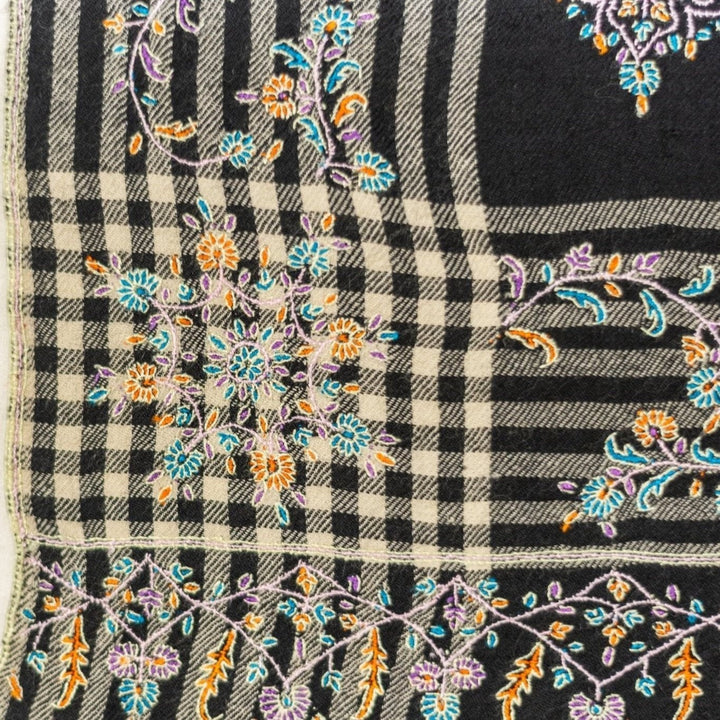 COSMIC Sozni Embroidered Ombré Pashmina – Lifestyle Draped View of 159g Lightweight Cashmere Wrap in Green & Blue | Indus Weavers