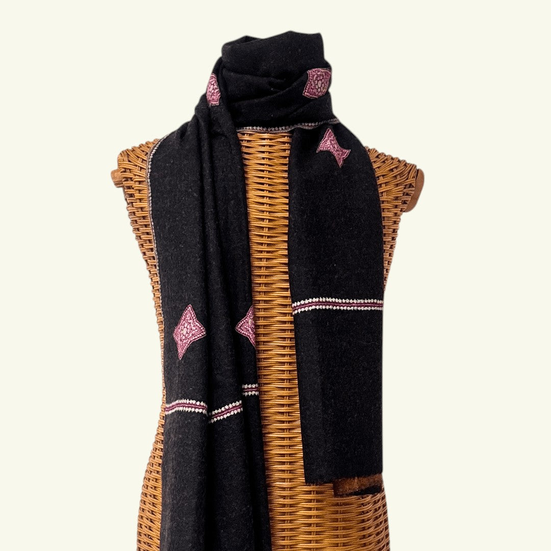 REVERE Pure Pashmina Shawl – Draped Lifestyle View Showing Reversible Aksi Weave | Indus Weavers