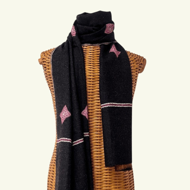 REVERE Pure Pashmina Shawl – Draped Lifestyle View Showing Reversible Aksi Weave | Indus Weavers