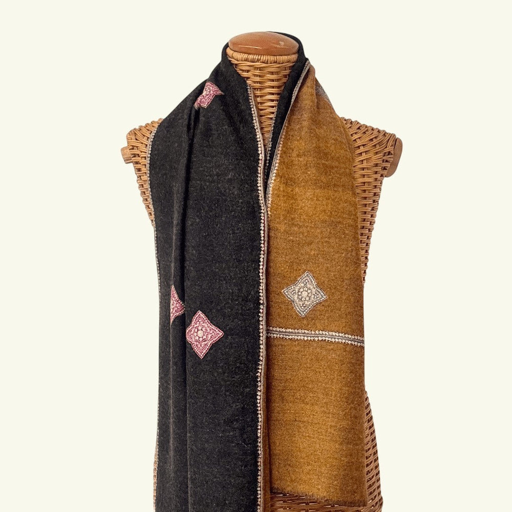 REVERE Reversible Aksi Pashmina Shawl – Full View Dark Brown & Mustard Cashmere Wrap | Indus Weavers