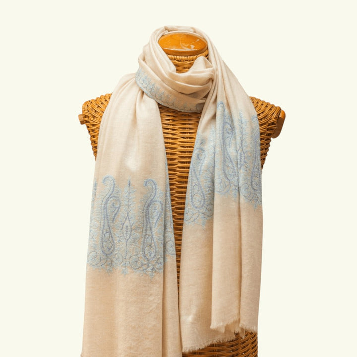 AQUA Kashmiri Pashmina Shawl – Full View Ivory Cashmere Wrap with Blue Cotton Thread Sozni Paisley Embroidery | Indus Weavers