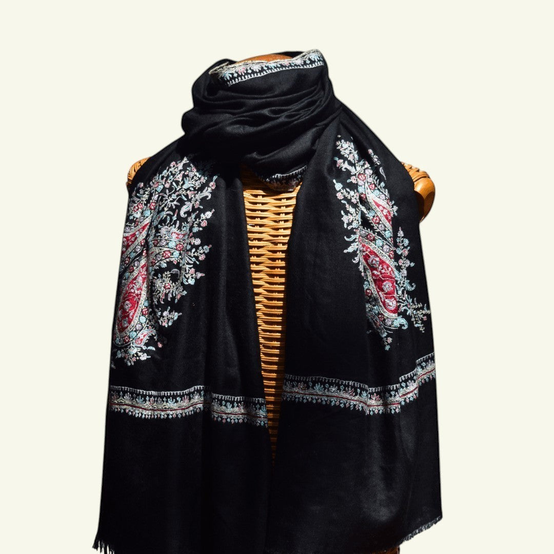 BUTAH Kashmiri Black Pashmina Shawl – Full View with Sozni Hand-Embroidered Paisley on All Four Corners | Indus Weavers