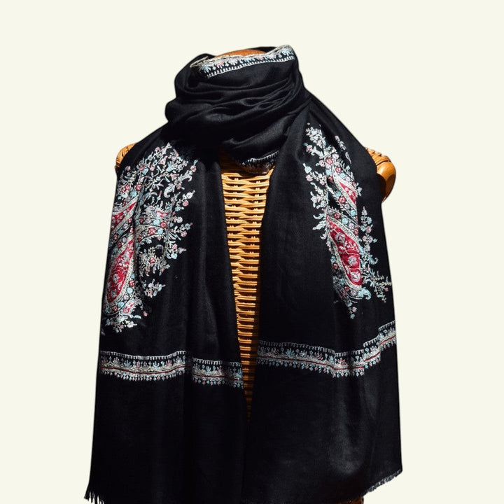 BUTAH Kashmiri Black Pashmina Shawl – Full View with Sozni Hand-Embroidered Paisley on All Four Corners | Indus Weavers