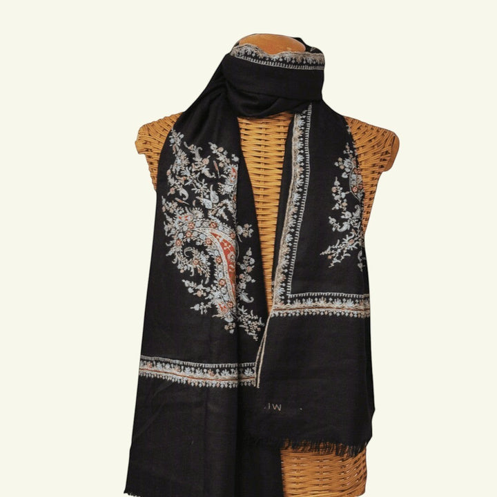 BUTAH Luxury Black Pashmina – Draped Lifestyle View Showing 200x100cm Cashmere Wrap with Paisley Corner Embroidery | Indus Weavers