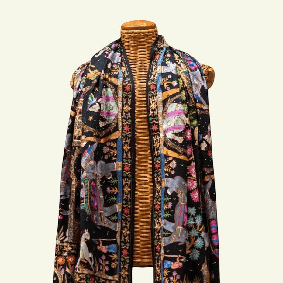 Handwoven DARBAR Kalamkari Pashmina Shawl Soft Elegant Cashmere Wrap - Indus Weavers