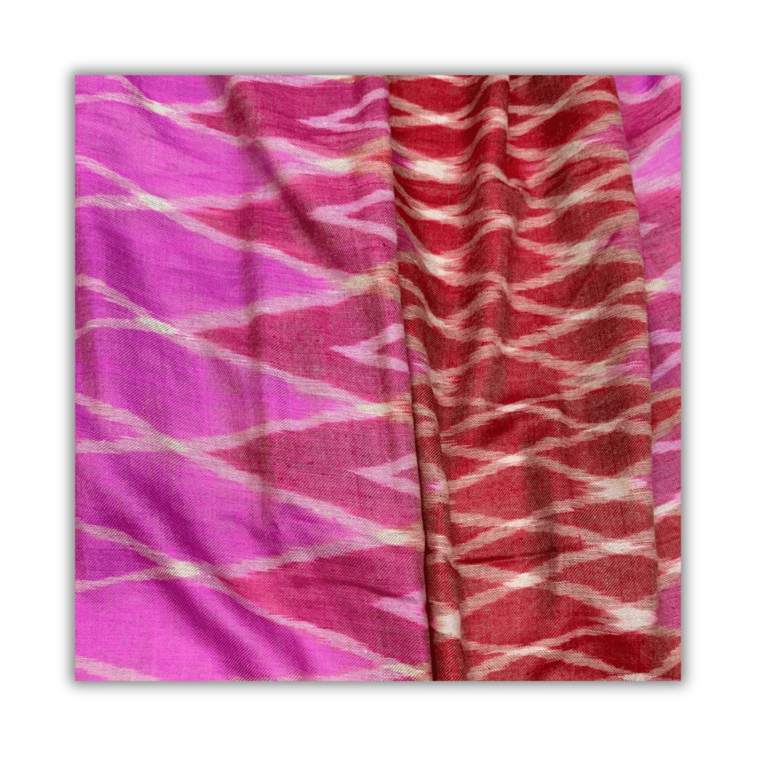 Handwoven Ikat Pashmina Shawl – Crimson & Pink Tones - Indus Weavers