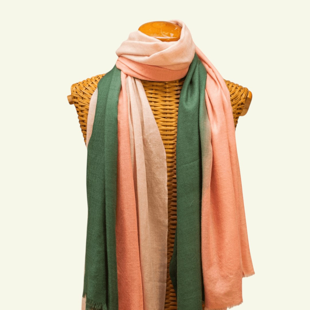 OMBRE Kashmiri Pashmina Shawl – Full View Pink Green White Shaded Ombré Cashmere Wrap | Indus Weavers