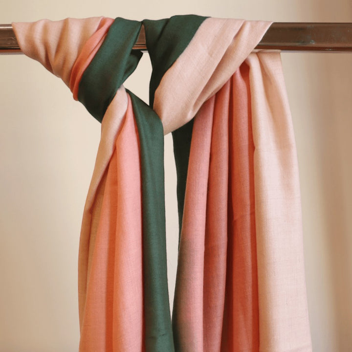 OMBRE Handwoven Pashmina Shawl – Draped View Showing Shaded Ombré Weave Detail | Indus Weavers