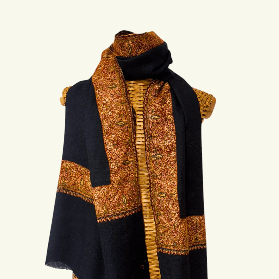 HAZEL Black Merino Cashmere Shawl – Full View with Brown & Orange Sozni Floral Border Embroidery | Indus Weavers