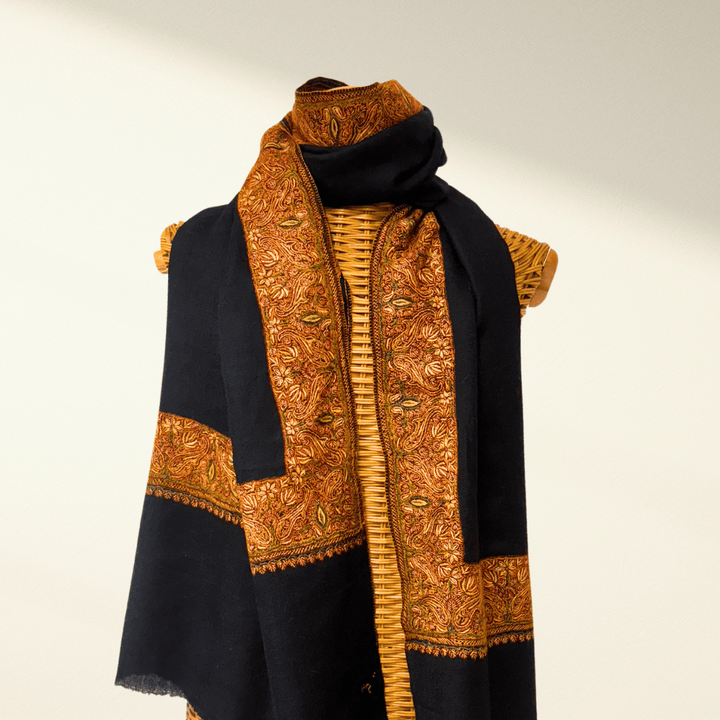 HAZEL – Needlework Pashmina Shawl | Black Merino Cashmere Wrap with Sozni Embroidery - Indus Weavers