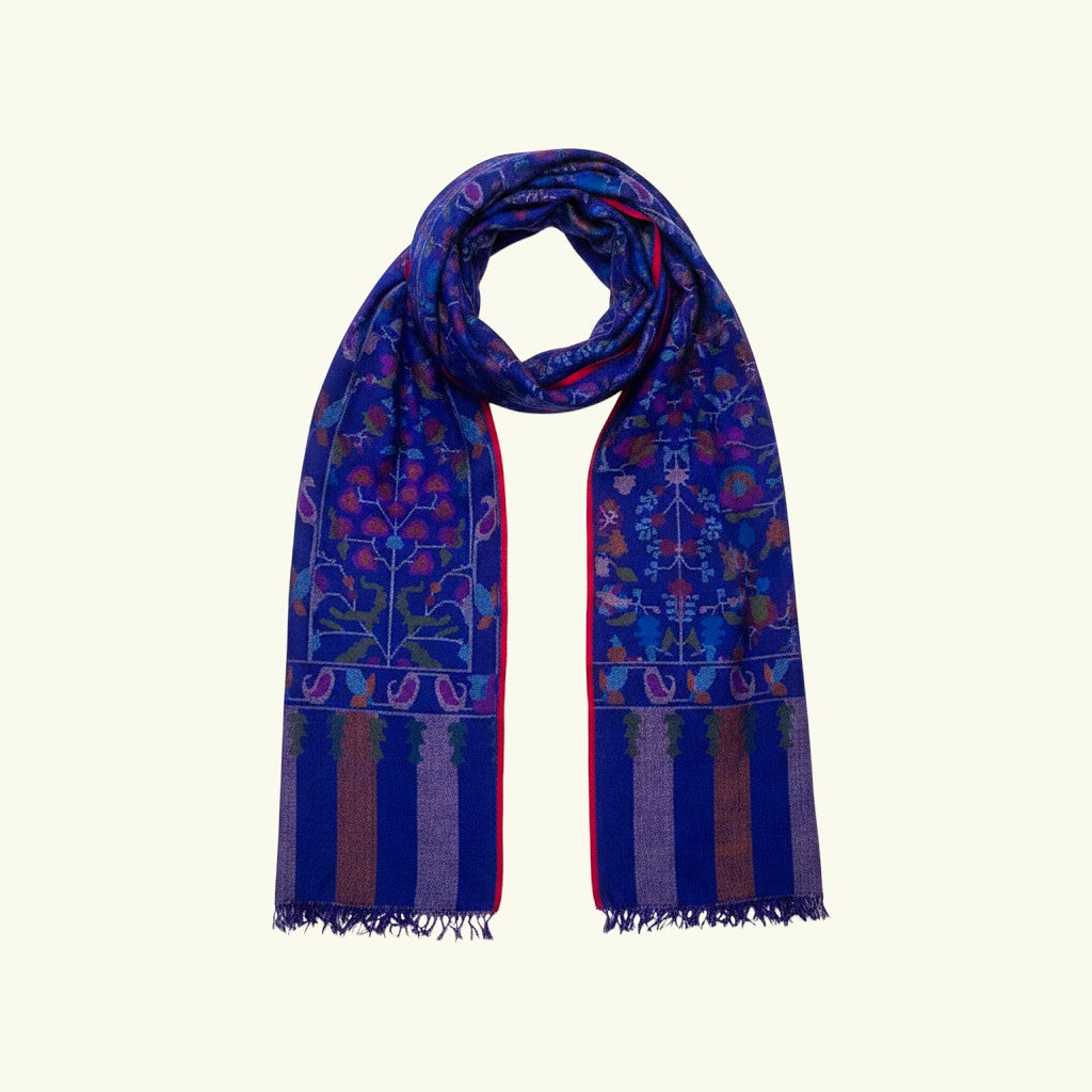 KAIA Luxury Kani Pashmina Shawl – Draped Lifestyle View Showing Blue Kani Weave with Mughal Botanical Motifs | Indus Weavers