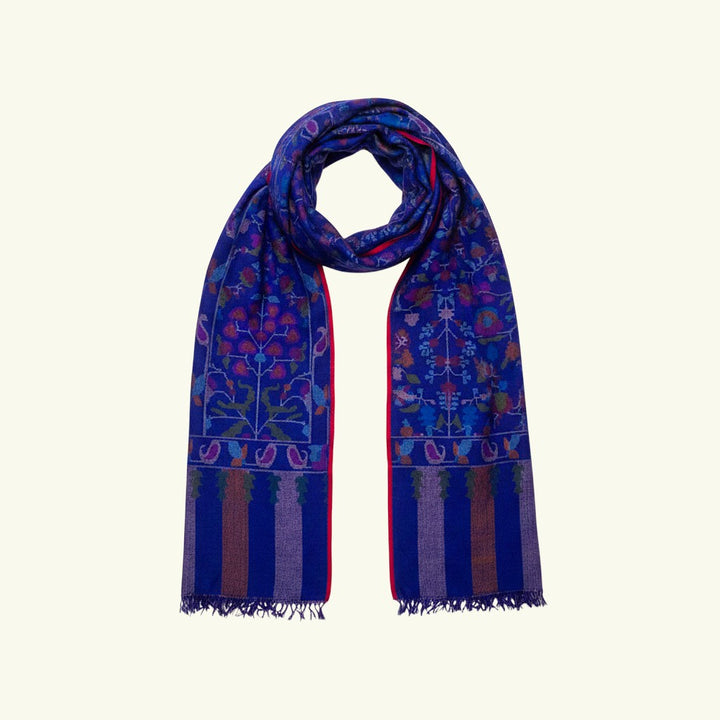 KAIA Luxury Kani Pashmina Shawl – Draped Lifestyle View Showing Blue Kani Weave with Mughal Botanical Motifs | Indus Weavers