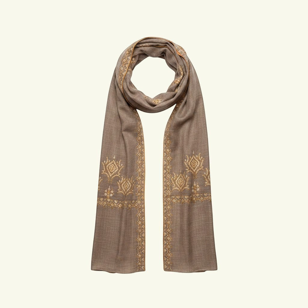 SANA Kashmiri Pashmina Shawl – Flat Lay Showing Natural Taupe Undyed Cashmere with Corner Embroidery | Indus Weavers