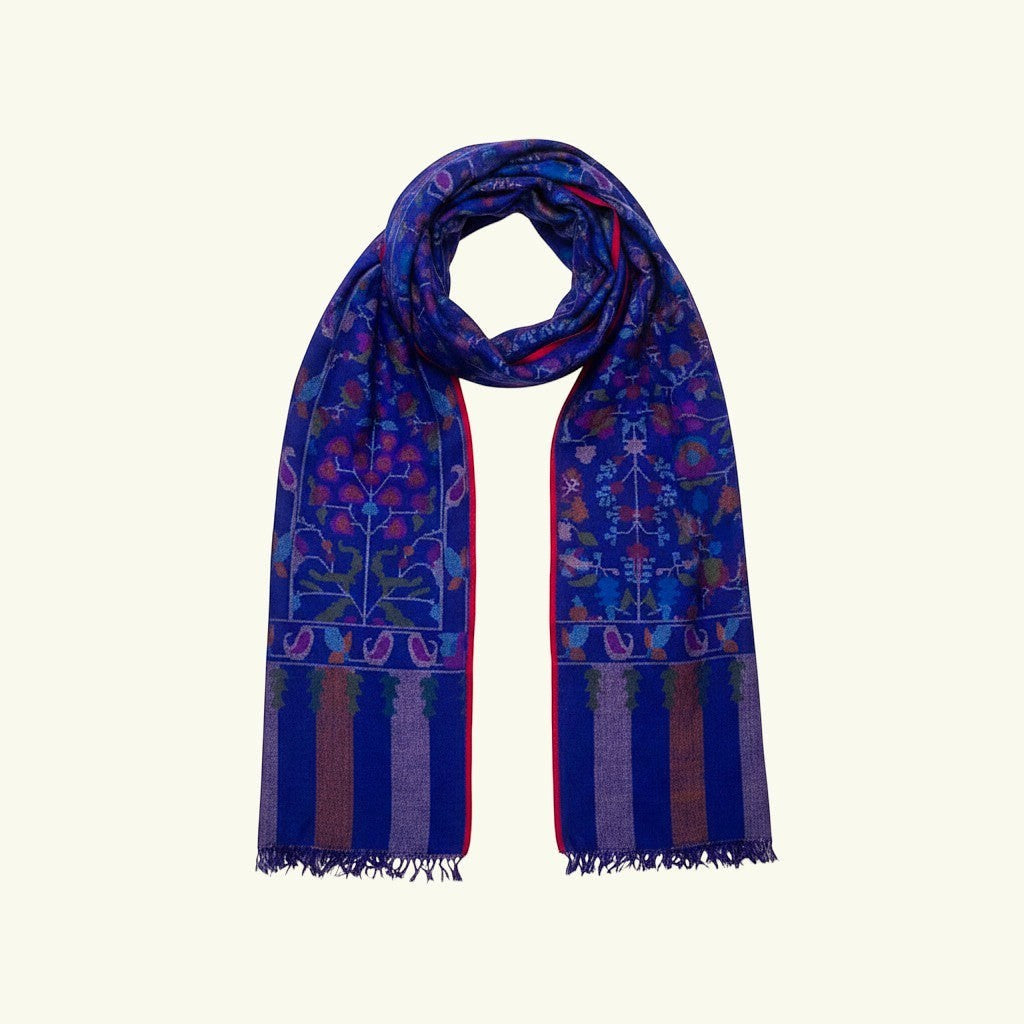 KAIA Luxury Kani Pashmina Shawl – Draped Lifestyle View Showing Blue Kani Weave with Mughal Botanical Motifs | Indus Weavers