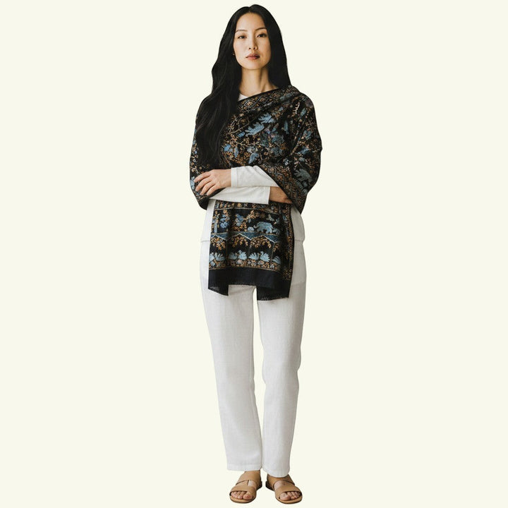 AYA Heirloom Kashmiri Pashmina Shawl – Detail of Grey & Blue Kalamkari Embroidery by Master Artisan Shawkat | Indus Weavers