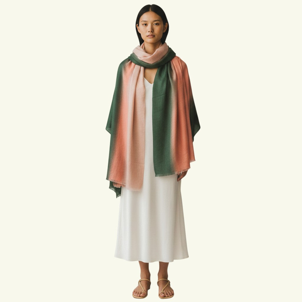 OMBRE Pure Kashmiri Pashmina Shawl – Lifestyle Draped View Showing Soft Pink Green White Ombré Gradient Cashmere Wrap | Indus Weavers