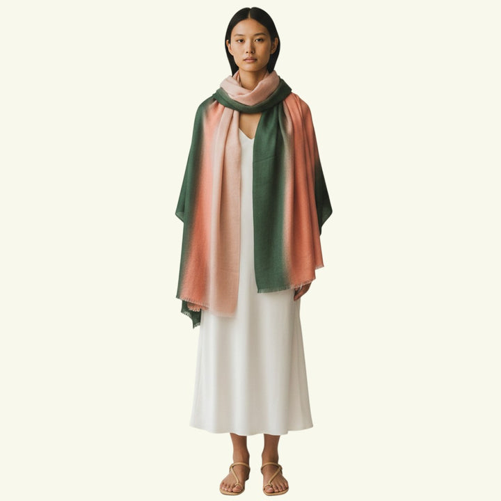 OMBRE Pure Kashmiri Pashmina Shawl – Lifestyle Draped View Showing Soft Pink Green White Ombré Gradient Cashmere Wrap | Indus Weavers