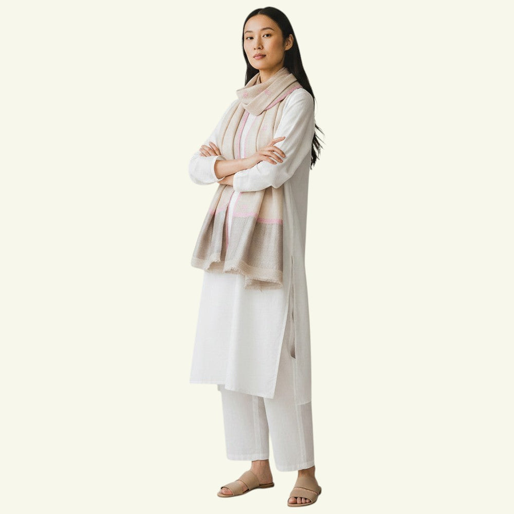 BEAU Luxury Cashmere Stole – Draped Lifestyle View of Pink & White Pashmina Scarf with Silver Zari | Indus Weavers