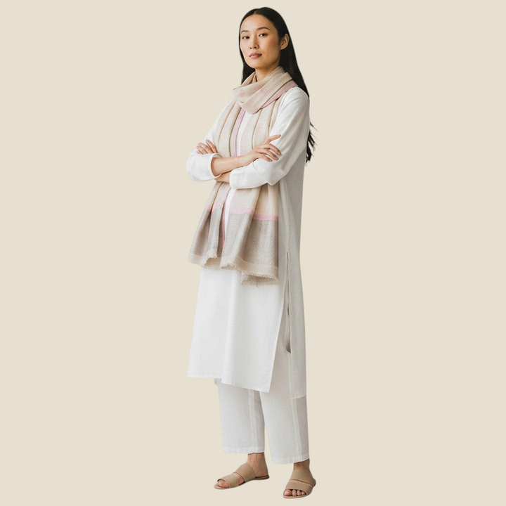BEAU Luxury Cashmere Stole – Draped Lifestyle View of Pink & White Pashmina Scarf with Silver Zari | Indus Weavers