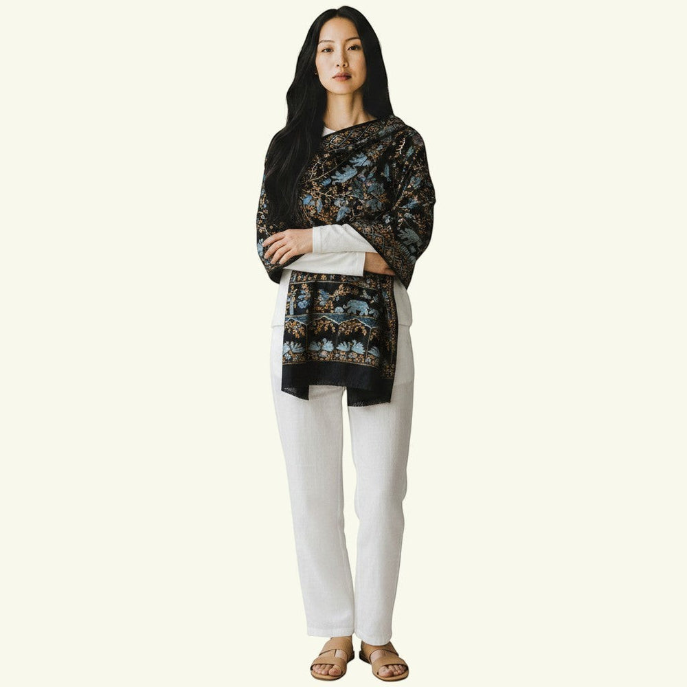 AYA Heirloom Kashmiri Pashmina Shawl – Detail of Grey & Blue Kalamkari Embroidery by Master Artisan Shawkat | Indus Weavers