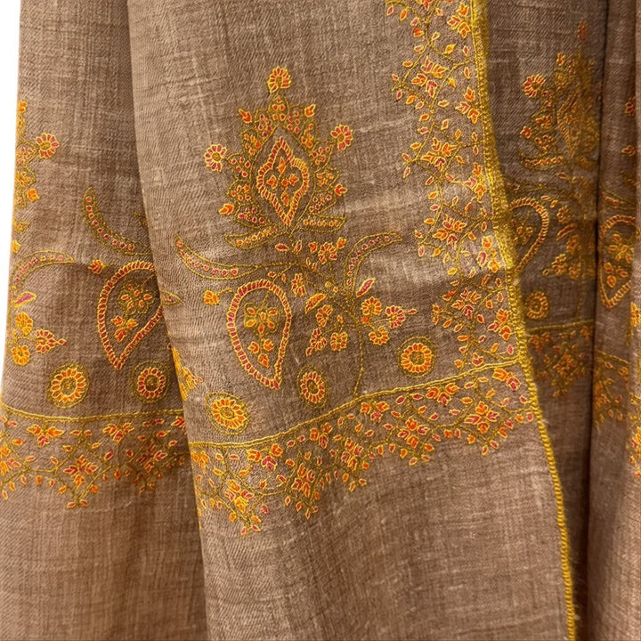 ANNA Pure Kashmiri Pashmina – Featherlight Natural Taupe Cashmere Wrap with Floral Embroidered Corners | Indus Weavers